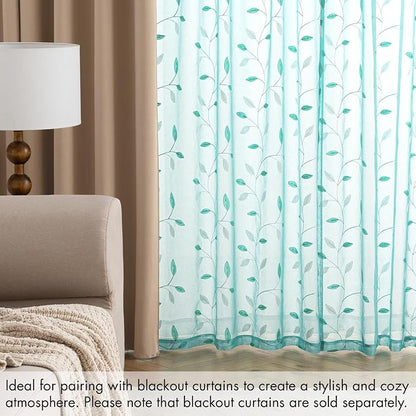 MIULEE Turquoise Sheer Curtains 2 Panels Leaf Patterned, W52 x L96 | - Image 7