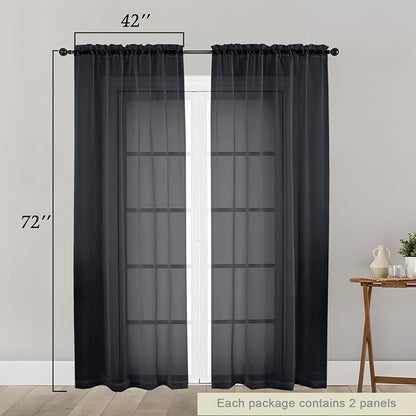 Black Sheer Curtain for Bedroom Living Room 72 Inches Long 2 Panels Set - Image 2