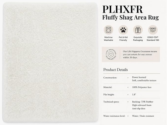 PLHXFR 4x6 Area Rugs Living Room: Fluffy Bedroom Rug Shag Carpet White | - Image 9