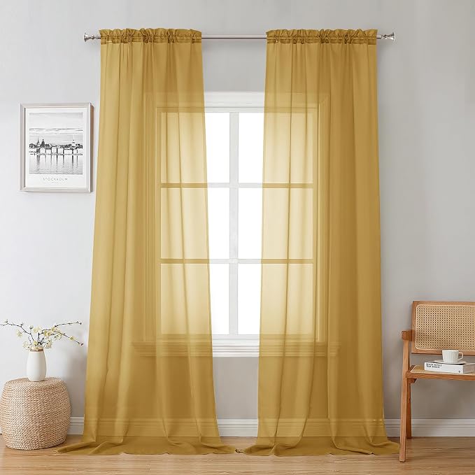 Chyhomenyc Sheer Gold Curtains 90 inches Long 2 Panels, Light Filtering Soft by Chyhomenyc