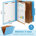 12 Pcs Classification Folders Letter Size, Back to School Supply for Teacher, Student, 3 Dividers Pressboard File Folder Bulk with 2 Fasteners, 3.5 Inch Expanding File Organizer (Blue)