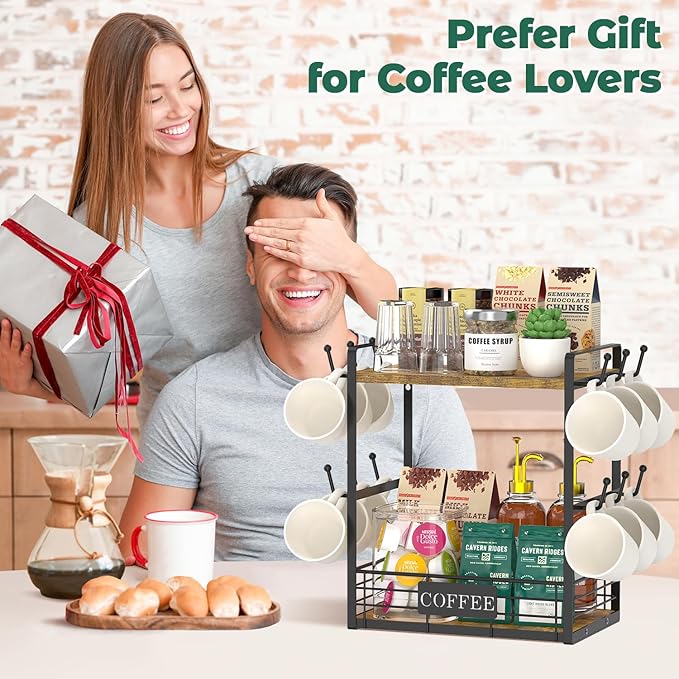 EsLuker.ly Coffee Mug Cup Holder Tree Bar Station Organizer for Countertop, Multi-Functional 2 Tier Mug Stand Rack for Kitchen, Storage Shelf with 12 Hooks, Vintage Brown-Black(Patented Design)