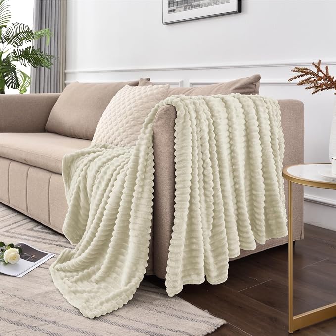 BEDELITE 3D Ribbed Jacquard Beige Fleece Twin Blanket - Image 8