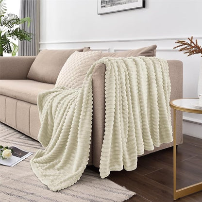 BEDELITE 3D Ribbed Jacquard Beige Fleece Twin Blanket - Image 8