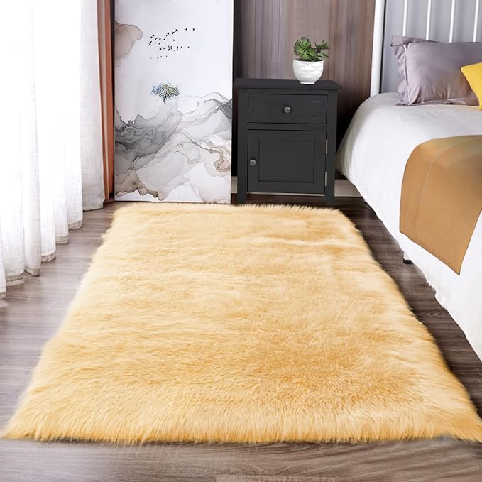 Latepis Yellow Area Rug for Living Room 6x9 Faux Fur Fluffy Rug Washable - Image 7