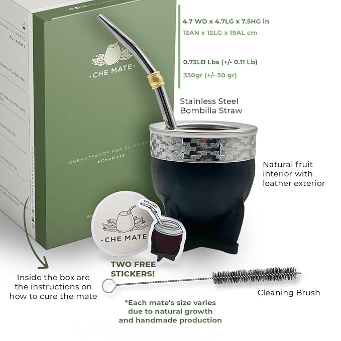 Premium Argentina-Uruguay Yerba Mate Cup and Bombilla Set, Organic Gourd Tea Mug with Steel Straw (Bombilla) and Cleaning Brush, Handcrafted for Loose Leaf Yerba Mate Tea - Imperial Version