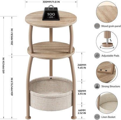 Small Side Table with Storage Basket, Space Saving Round End Table 3-Tier - Image 3