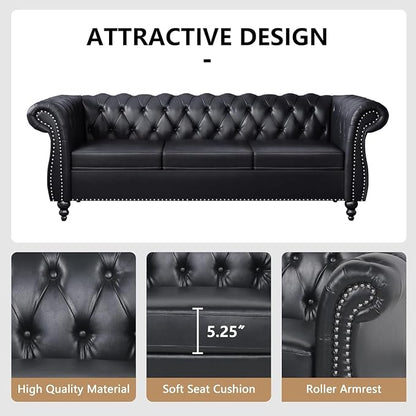 Mid-Century 3 Seater Sofa, Faux Leather Couch - Image 5