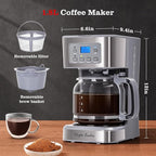 Taylor Swoden 12-Cup Programmable Coffee Maker, Regular & Strong Brew Drip Coffee Machine for Home and Office, Glass Carafe, Pause & Serve, Auto Shut Off, Gray & Stainless Steel
