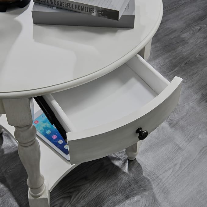 Oval End Table with Drawer, Solid Wood Sofa Side Storage Shelf, Traditional - Image 5