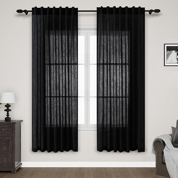 Black Semi Sheer Linen Curtains 78 inch Length by Nanspring