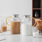 INSETLAN 68 Oz/2L Glass Pitcher with Lid and Spout, Ribbed Glass Jugs with Handle, Hot & Cold Water Pitcher for Iced Tea, Juice, Lemonade - Modern Glass Carafe for Fridge or Table (Pack of 2)