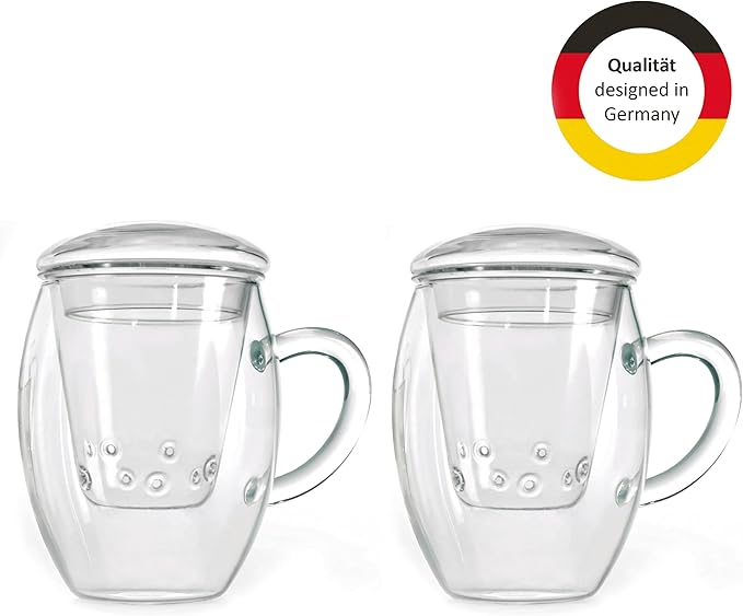 Creano 2x All-In-One Tea Glass with integrated Glass Filter and Lid - 14oz (400ml)