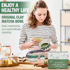Pottery Matcha Set - Japanese Handcrafted Matcha Tea Bowl Mineral Glaze Bowl with Spout, Bamboo Whisk, Scoop & Chasen Holder | 4pc Tea Ceremony Kit for Matcha Lovers (Snowy Jade)
