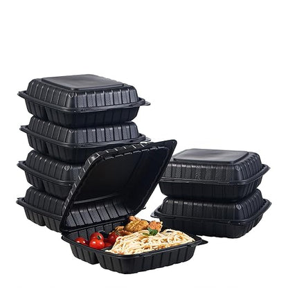FULING 9X9 3-Compartment 50-Pack Plastic Clamshell Takeout Food Trays Heavy Duty Togo Disposable Box For Pasta Salad Sandwich Carryout Hinged Containers With Secure Snap Lid