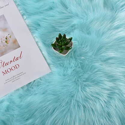 Latepis Light Blue Fur Round Rug 3ft Faux Sheepskin Circle Rug - Image 6