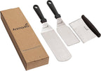 Metal Spatula Stainless Steel and Scraper - Professional Chef Griddle Spatulas Set of 3 - Heavy Duty Accessories Great for Cast Iron BBQ Flat Top Grill Skillet Pan - Commercial Grade