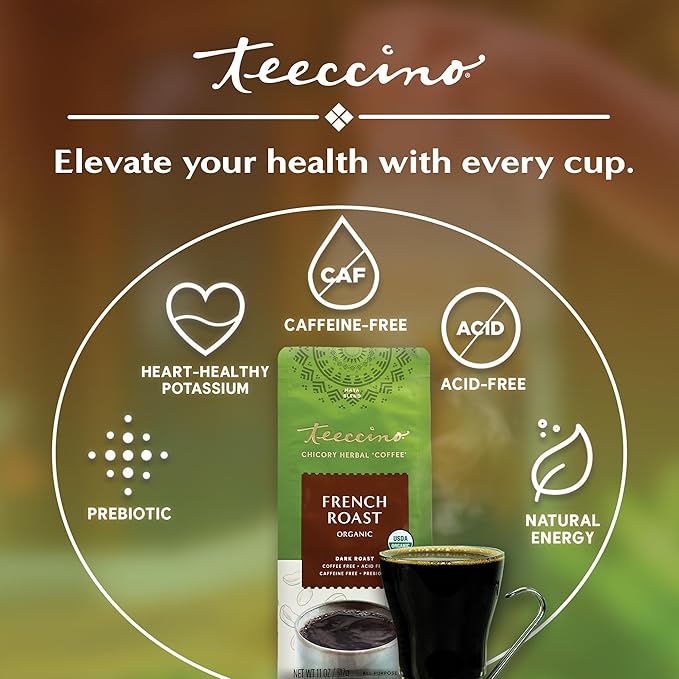 Teeccino French Roast Chicory Coffee Alternative, 11 Ounce: Ground Herbal Coffee That’s Prebiotic, Caffeine-Free & Acid-Free, Dark Roast, with Carob and Chicory, No artificial flavors