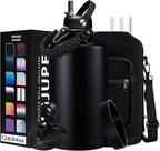 128OZ Insulated Water-Bottles with Strap - 1 Gallon Large Water Jug with Straw & Spout Lid, Stainless Steel Water Bottle Leak Proof, Cold-48h Hot-24h Metal Water Flask w/Paracord Handle, Carrier Bag