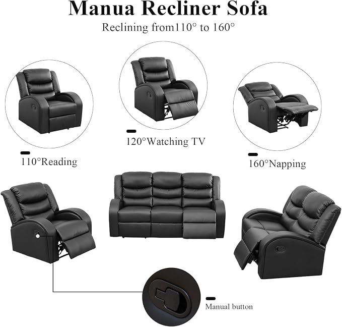 3-Piece Couch Living Room Furniture Sets, Sectional Recliner Sofa Set, Leather - Image 3