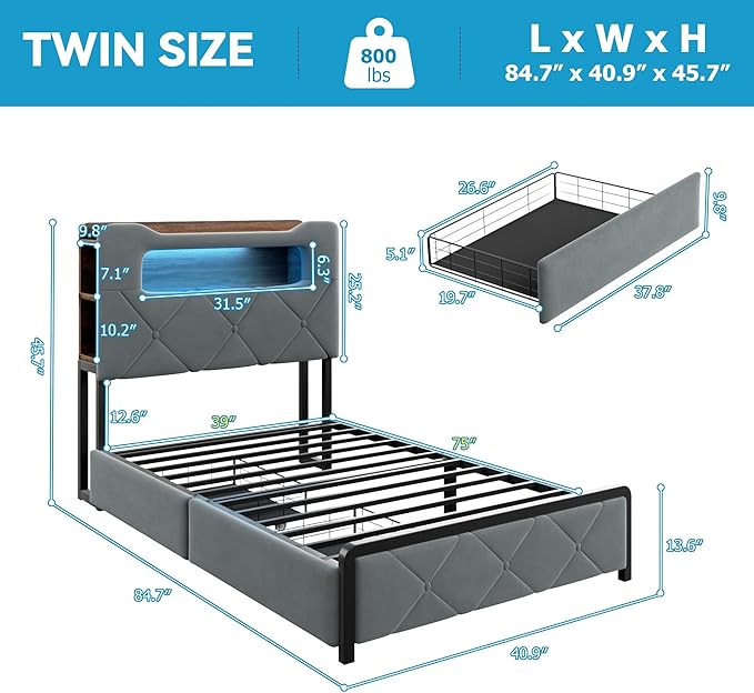 Jocoevol Twin Upholstered LED Bed Frame - Image 2