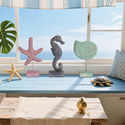 3pcs Wood Handmade Beach Nautical Style Figurines Starfish/Conch/Seahorse - Image 6