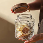 Snminetal Vintage Glass Airtight Storage Jar, With Airtight Wood Lid, Kitchen Food Storage Containers,for Kitchen Counter, Pantry, Tea, Sugar, Coffee Tea Beans,Food Storage Jar (Sunflower*2+plum*2)
