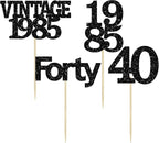 Gyufise 24Pcs Vintage 1985 Cupcake Toppers Glitter Cheers to 40 Fabulous Forty Cupcake Picks 40th Birthday Wedding Anniversary Party Cake Decorations Supplies Black