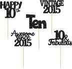 Gyufise 30Pcs Vintage 2015 Cupcake Toppers Glitter Ten Happy 10th Cupcake Picks Cheers to 10 Years Birthday Cake Decorations for Happy 10th Birthday Anniversary Party Supplies Black