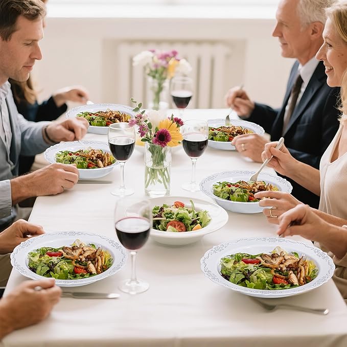 DaYammi 50 Pack Plastic Bowls with Silver Rim, 12oz Disposable Soup Bowls, Heavy Duty Dinner Bowls for Weddings, Parties, Dinners, Catering and Everyday Use