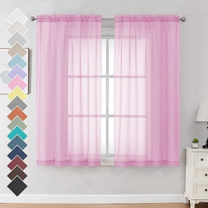 2 Pack Pink Sheer Curtains 63 Inch Length, Light Filtering Window Curtain by OVZME