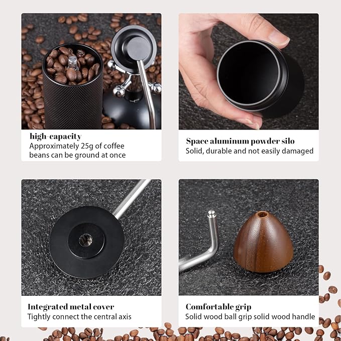 Manual Coffee Grinder Capacity 25 Grams, Stainless Steel Burrs - Wooden Handle, Burr Coffee Grinder for Home, Office, Camping, Hiking (Grey)