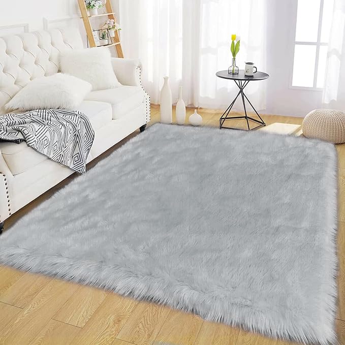Latepis Grey Rugs for Living Room Shag 6x8 Faux Fur Sheepskin Rug for Sofa - Image 7