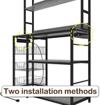 Kitchen Bakers Rack with Baskets and Power Outlet,5-Tier Kitchen Utility Storage Shelf with Hooks, Microwave Oven Stand Rack,Vintage Grey Free Standing Kitchen Shelf