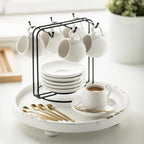LYEOBOH Espresso Cups with Saucers Set, 3 Ounces Coffee Cups with Metal Stand and Spoons, Ceramic Cappuccino Coffee Cups Demitasse Cups for Espresso, Latte, Cafe Mocha and Tea, Set of 6, White