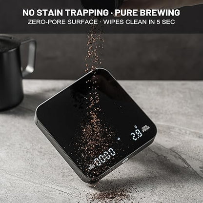 KitchenTour CaféMetric Coffee Scale with Timer 0.1g/2000g - Precision Scale for Espresso & Pour Over - Water Flow Speed Mode and Coffee Powder-to-Liquid Ratio Mode - Rechargeable, LCD Display - Black