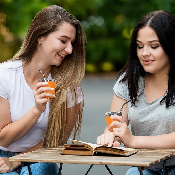 4oz Stackable Cup, Vacuum Insulated Espresso Cup Set of 2, Espresso Shot Glass for Coffee, Double Wall Stainless Steel Mini Tumbler Shot Glasses with Straw and Lid (A-orange2P, 4oz)