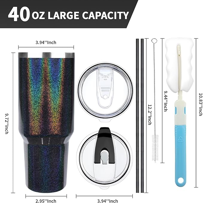 40 oz Tumbler with Lids and Straws, Stainless Steel Insulated Coffee Tumbler, Double Wall Vacuum Insulated Travel Mug Cup, Leakproof Thermal Coffee Cup for Hot and Cold Drinks (Glitter Black)