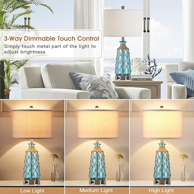 Ruzectt Coastal Glass Table Lamps, 3-Way Dimmable Touch Control Bedside Lamps - Image 2