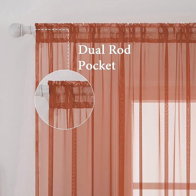 MIULEE Fall Burnt Orange Sheer Curtains 54 X 108 Inches, 2 Panels | Solid Color - Image 2