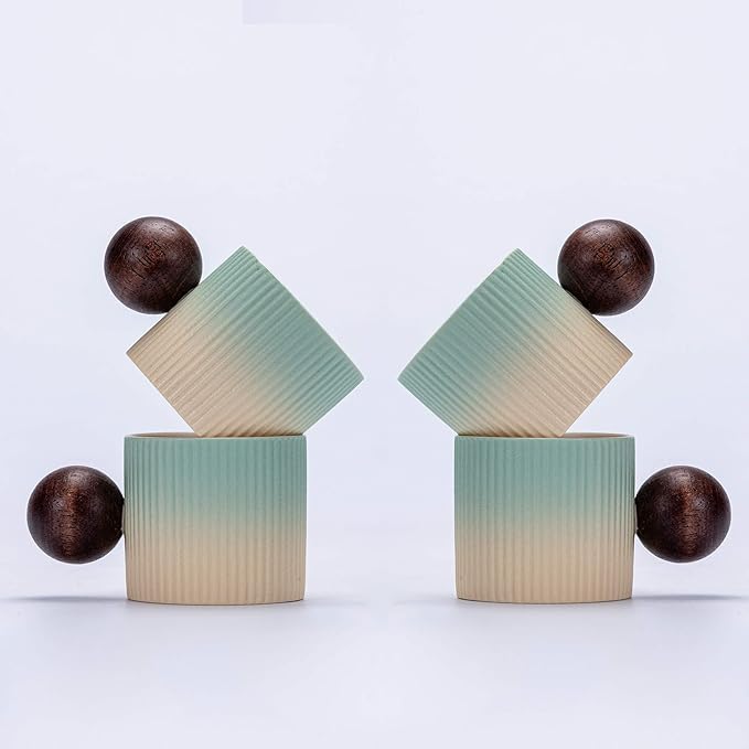 Ceramic Mini Espresso Cups Demitasse Cups with Round Wooden Handle Vertical Stripes Tea Cups (Beige&Green, 4pcs)