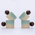 Ceramic Mini Espresso Cups Demitasse Cups with Round Wooden Handle Vertical Stripes Tea Cups (Beige&Green, 4pcs)