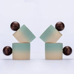 Ceramic Mini Espresso Cups Demitasse Cups with Round Wooden Handle Vertical Stripes Tea Cups (Beige&Green, 4pcs)