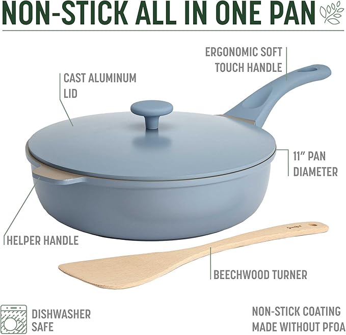 Goodful All-in-One Pan, Multilayer Nonstick, High-Performance Cast Construction, Multipurpose Design Replaces Multiple Pots and Pans, Dishwasher Safe Cookware, 11-Inch, 4.4-Quart Capacity, Blue Mist