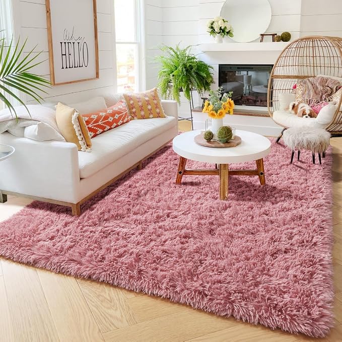 Amdrebio Blush Pink Fluffy Kids Area Rug 5x7 - Image 4