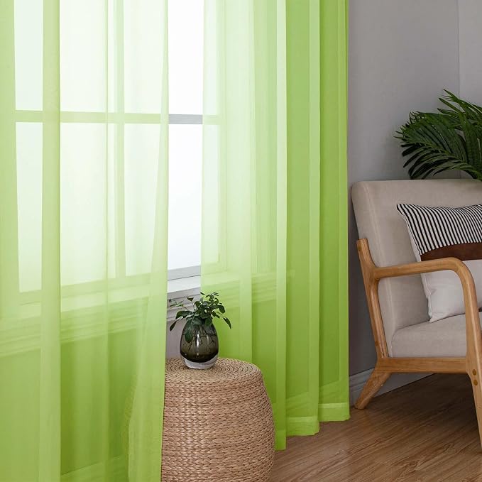 Lime Sheer Curtains for Living Room 54 Inch Length 2 Pcs, Solid Color Voile Rod - Image 2