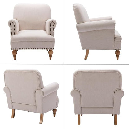 Beige Linen Fabric Accent Chair, Modern Farmhouse Upholstered Armchair - Image 9