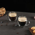 Aurzen 2 Pack Double Walled Glass Coffee Mugs with Handles 8.5oz, Large Insulated Layer Coffee Cups, Clear Borosilicate Mugs, Perfect for Cappuccino, Tea, Microwave Safe (8.5oz-2Pack)