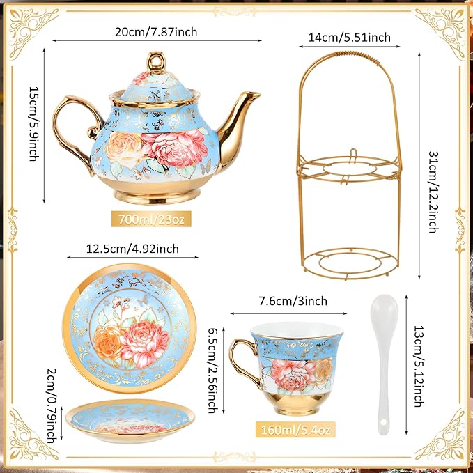 Zhehao 20 Pcs Porcelain Tea Set with Metal Holder and Spoon Adult Ceramic Tea Party Set European Flower Painting Teapot Cup Saucer Spoon Set for Women, Large Version(Simple Style)