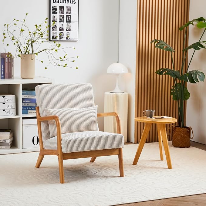 Mid-Century Modern Accent Chair Beige Rubberwood Frame Living Room Bedroom by Unknown